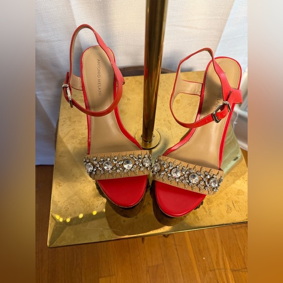 Antonio Melani Red and Tan Wedge Sandals with Embellished Straps - Picture 1 of 7